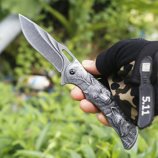 High-Hardness Stainless Steel Multi-Function Folding Knife with Elaborate 3D Wolf Head Engraving, Portable Pocket Tool Ideal for Outdoor Camping, Hiking, EDC Missions, Hunting, Fishing & Barbecuing，Mens gifts，Stocking stuffers