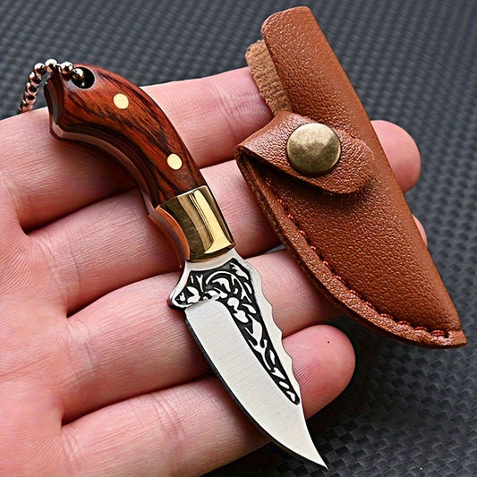 2pcs Compact Mini V-Beveled Edge Stainless Steel Straight-Back Knife - Portable Pocket Knife & Keychain Tool, With Leather Sheath - Ideal For Unboxing, Parcel Opening, & EDC Tasks-Lightweight & Adorable Gifts