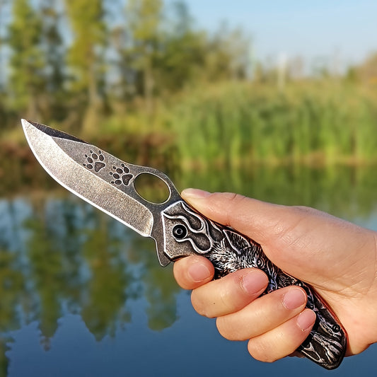 High-Hardness Stainless Steel 3D Wolf King Engraved Alloy Multi-Functional Portable Folding Pocket Knife - Suitable for Outdoor Camping, Hiking, Barbecue, Fishing, etc. - Perfect Gift for man