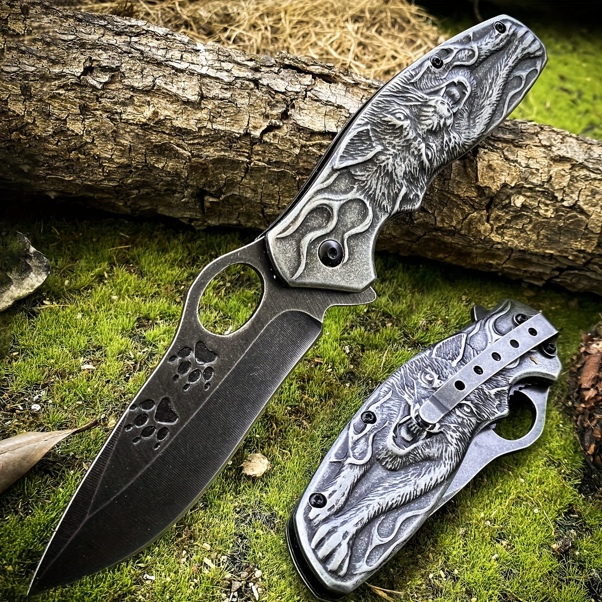 High-Hardness Stainless Steel 3D Wolf King Engraved Alloy Multi-Functional Portable Folding Pocket Knife - Suitable for Outdoor Camping, Hiking, Barbecue, Fishing, etc. - Perfect Gift for man