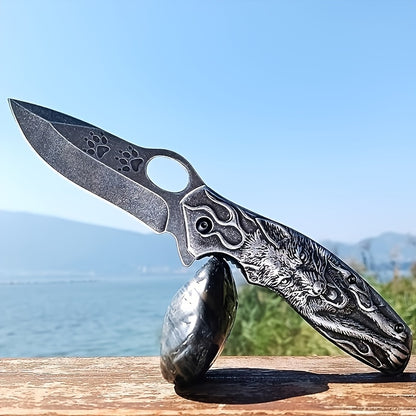 High-Hardness Stainless Steel 3D Wolf King Engraved Alloy Multi-Functional Portable Folding Pocket Knife - Suitable for Outdoor Camping, Hiking, Barbecue, Fishing, etc. - Perfect Gift for man