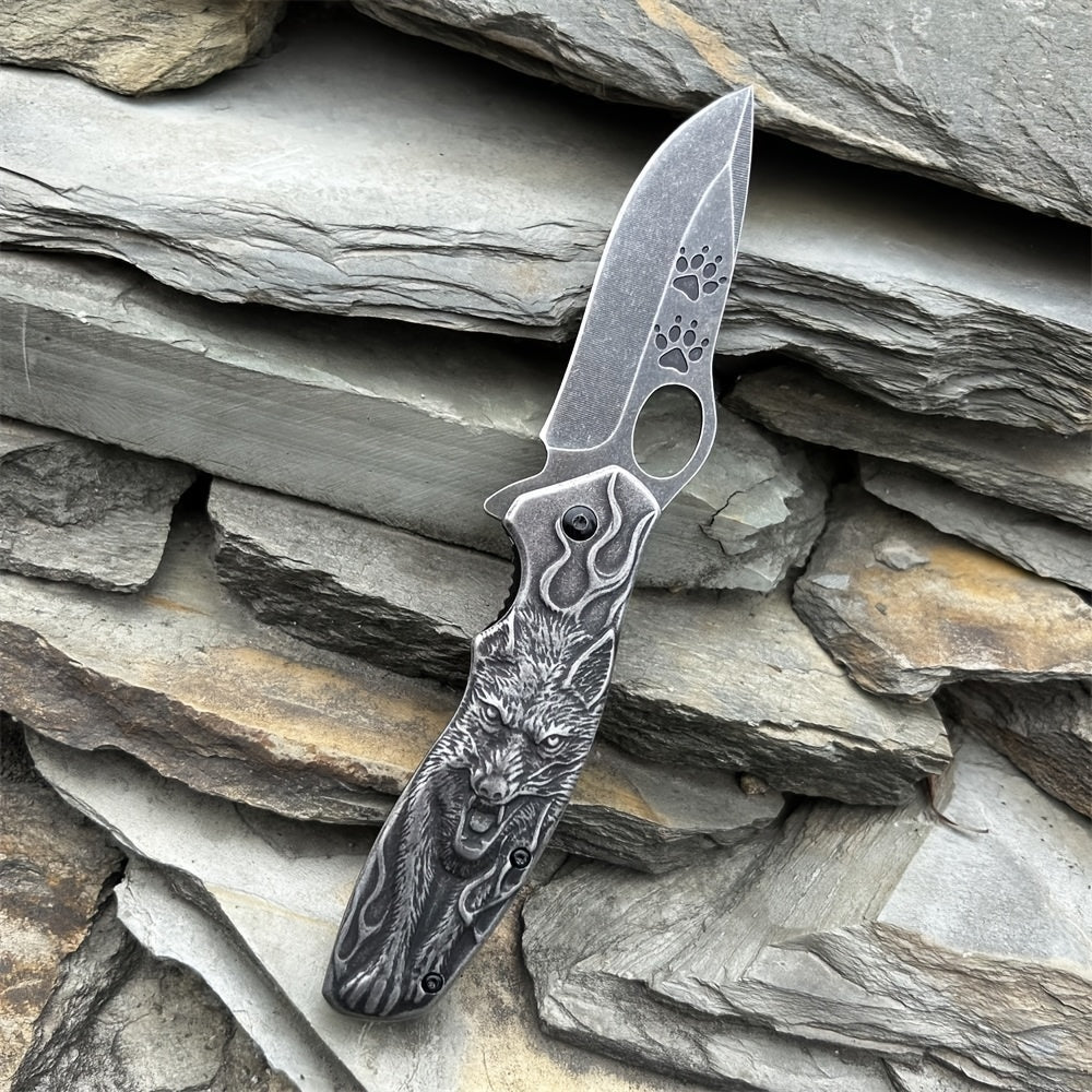 High-Hardness Stainless Steel 3D Wolf King Engraved Alloy Multi-Functional Portable Folding Pocket Knife - Suitable for Outdoor Camping, Hiking, Barbecue, Fishing, etc. - Perfect Gift for man