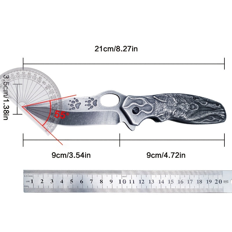 High-Hardness Stainless Steel 3D Wolf King Engraved Alloy Multi-Functional Portable Folding Pocket Knife - Suitable for Outdoor Camping, Hiking, Barbecue, Fishing, etc. - Perfect Gift for man
