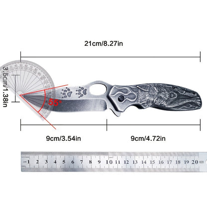 High-Hardness Stainless Steel 3D Wolf King Engraved Alloy Multi-Functional Portable Folding Pocket Knife - Suitable for Outdoor Camping, Hiking, Barbecue, Fishing, etc. - Perfect Gift for man