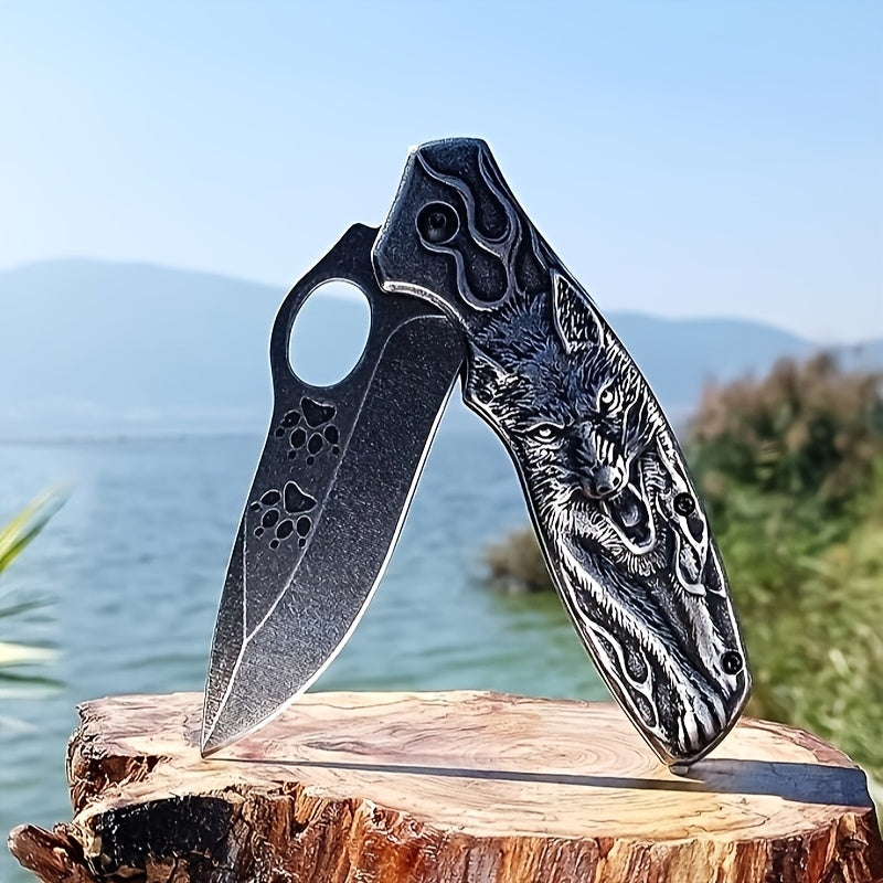 High-Hardness Stainless Steel 3D Wolf King Engraved Alloy Multi-Functional Portable Folding Pocket Knife - Suitable for Outdoor Camping, Hiking, Barbecue, Fishing, etc. - Perfect Gift for man