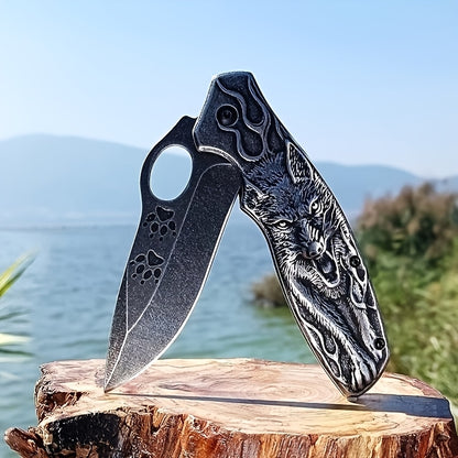 High-Hardness Stainless Steel 3D Wolf King Engraved Alloy Multi-Functional Portable Folding Pocket Knife - Suitable for Outdoor Camping, Hiking, Barbecue, Fishing, etc. - Perfect Gift for man