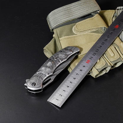 High-Hardness Stainless Steel Multi-Function Folding Knife with Elaborate 3D Wolf Head Engraving, Portable Pocket Tool Ideal for Outdoor Camping, Hiking, EDC Missions, Hunting, Fishing & Barbecuing，Mens gifts，Stocking stuffers